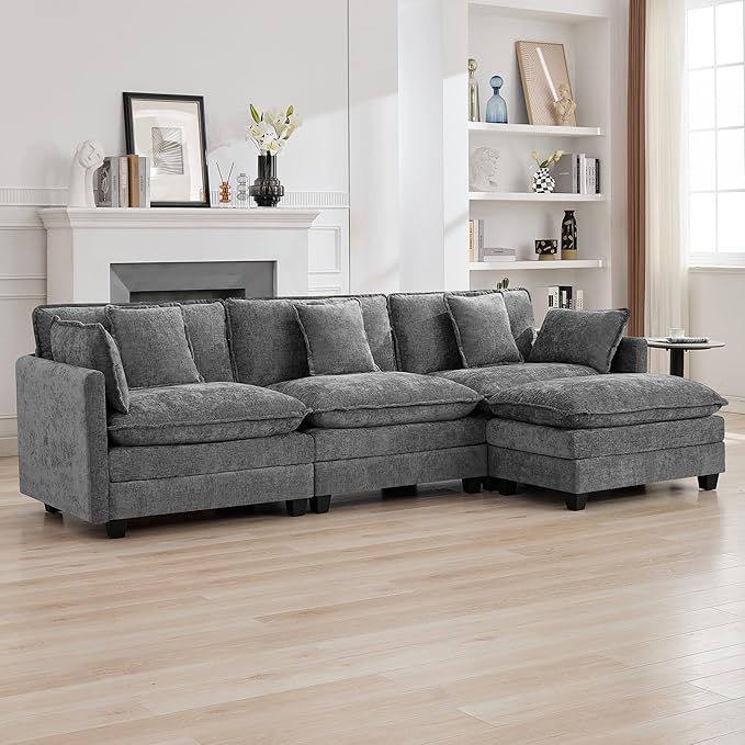 111'' Sectional Cloud Deep Seat Couch, Modern Comfy Chenille L Shaped Sectional Sofa for Living Room Set, Upholstered Modular 4-Seats Sofa Couch with 1 Movable Ottoman, Grey