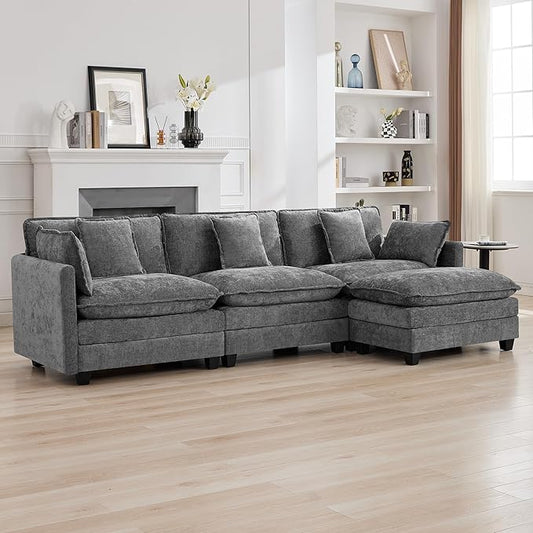 111'' Sectional Cloud Deep Seat Couch, Modern Comfy Chenille L Shaped Sectional Sofa for Living Room Set, Upholstered Modular 4-Seats Sofa Couch with 1 Movable Ottoman, Grey