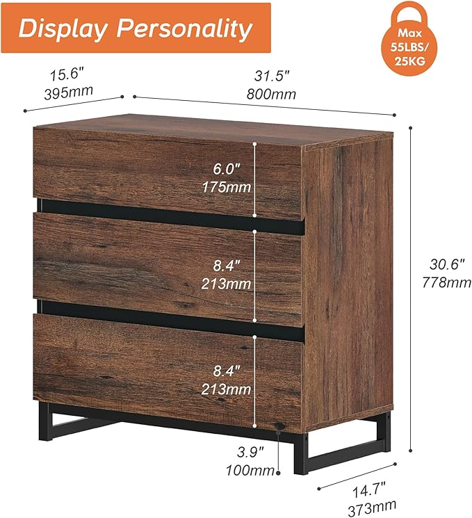 WAMPAT Dresser for Bedroom, Closet Organizers and Storage with 3 Drawers, Chest of Drawers with Metal Base, Modern Wood Dresser for Living Room, Hallway, Entryway, Brown