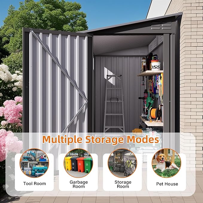4x9 ft Lean to Shed, Outdoor Storage Shed with Lockable Single Door and Window, Metal Storage Sheds with Sloping Roof and 2 Vents, Outside Garden Tool Sheds for Backyard, Patio (Grey)