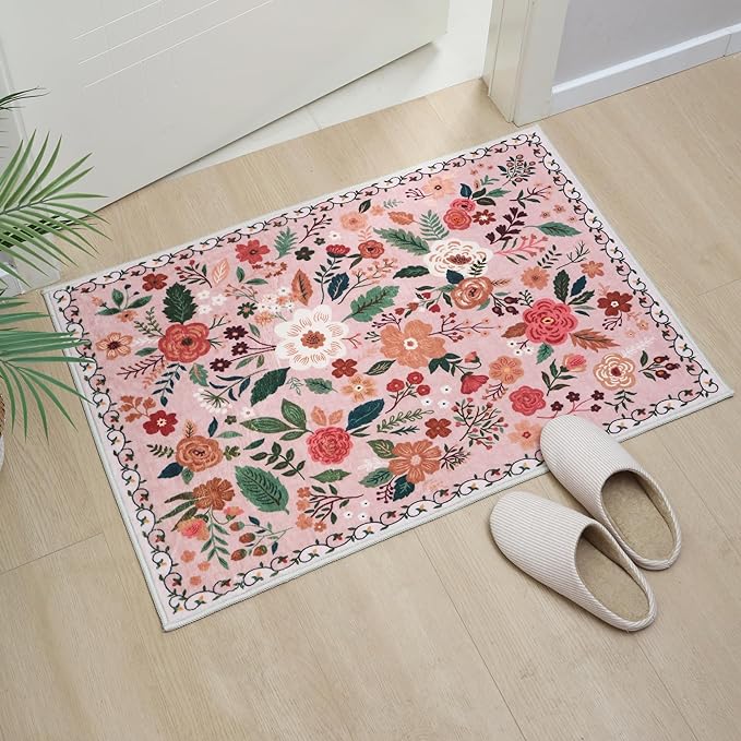 Door Mat Indoor Entrance 2x3 Rug Machine Washable Boho Floral Small Area Rug Non-Slip Low Pile Throw Rugs for Entryway, Kitchen, Front Door Indoor Entrance, Entry, Kids Room (Pink)