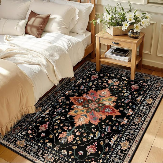 Area Rugs 3'x5' Washable Non-Slip, Floral Vintage Distress Print Pattern Medallion Carpet for Living Room Bedroom Dining Room, Black Colorful Floral Dark Tan