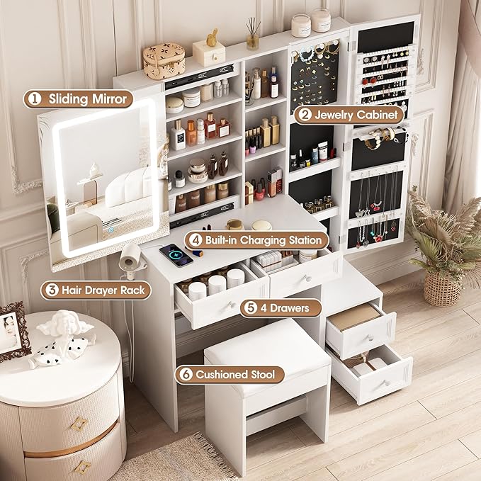 Makeup Vanity Desk with LED Lighted Sliding Mirror, Vanity Table with Jewelry Cabinet and 4 Drawers, Charging Station & Lots Storage Shelves, Adjustable Brightness, Dressing Table Cushioned Stool Set