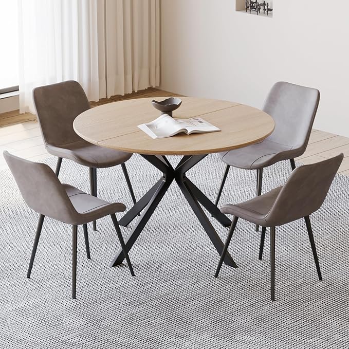 46.4" Round Dining Table Set with 4 Chairs, Modern Dining Set with Comfortable PU Leather Chairs, Sturdy MDF Table with X-Shaped Base, Easy Assembly, Ideal for Dining Room or Kitchen
