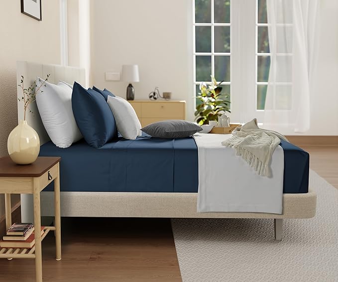 100% Organic Cotton Sheets Queen Size Set, 300 TC Deep Pocket Queen Sheets Set, Soft Breathable Sateen Weave 4 PC Elasticated Sheet & Pillowcase Sets, No Pill & Shrink, Fade Resistant- navy