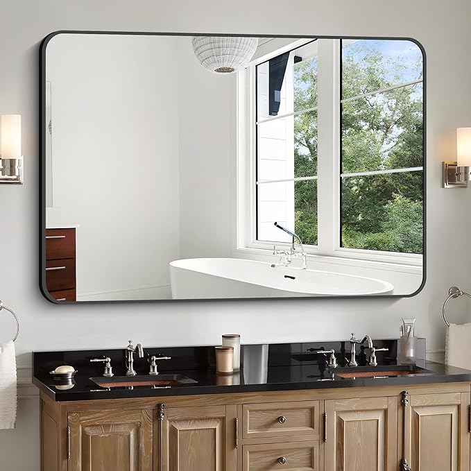 Bathroom Mirror, 48x36 inch Black Rectangle Wall Mirror, Metal Frame Rounded Corner Vanity Mirror, Large Wall Mounted Mirror for Over Sink Bedroom Living Room Horizontal Or Vertical Mounting