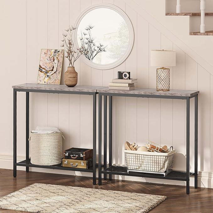 HOOBRO 29.5" Narrow Console Table, Small Entryway Table with Shelf, 2 Tier Thin Sofa Table, Behind Couch Table, Side Table, for Hallway, Living Room, Bedroom, Greige and Black BG74XG01