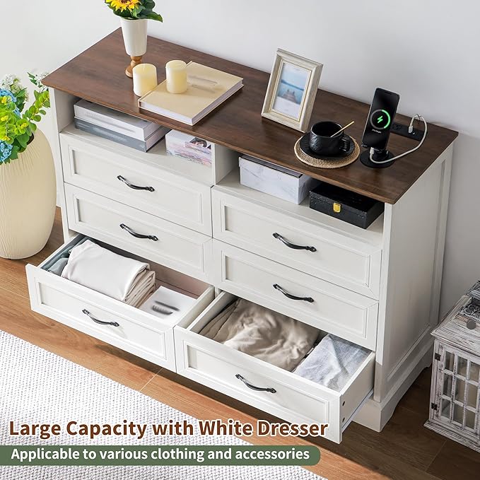 Vintage White Dresser for Bedroom,6 Drawers Dresser with LED Light,Power Outlets and Open Shelves,Chests of Drawers for 65 inch TV, for Hallway, Entryway