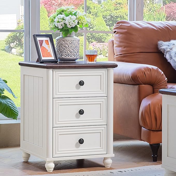 18" Farmhouse Night Stand, White Wood Nightstand with 3 Drawers, Bedside End Table with Storage and Roman Column, Bed Side Tables Cabinet for Bedroom, Living Room, and Closet