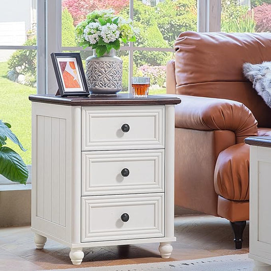 18" Farmhouse Night Stand, White Wood Nightstand with 3 Drawers, Bedside End Table with Storage and Roman Column, Bed Side Tables Cabinet for Bedroom, Living Room, and Closet