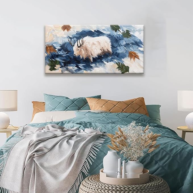 Animals Abstract Wall Art Paintings Rustic Cow Dark Blue Canvas Art Wall Decor Prints Picture For Bedroom Living Room Office Home Wall Decor 20"X 40" Ready To Hang