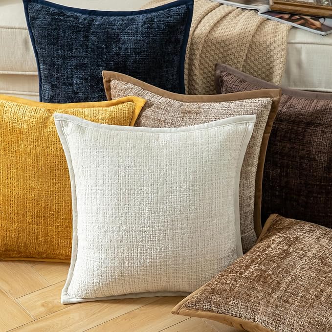 Yaertun Pack of 2 Chenille Textured Decorative Throw Pillow Covers Accent Solid Cushion Cover Soft Cozy Pillow Case with Velvet Back for Couch Sofa Bed Living Room 12x20 Inch Cream White