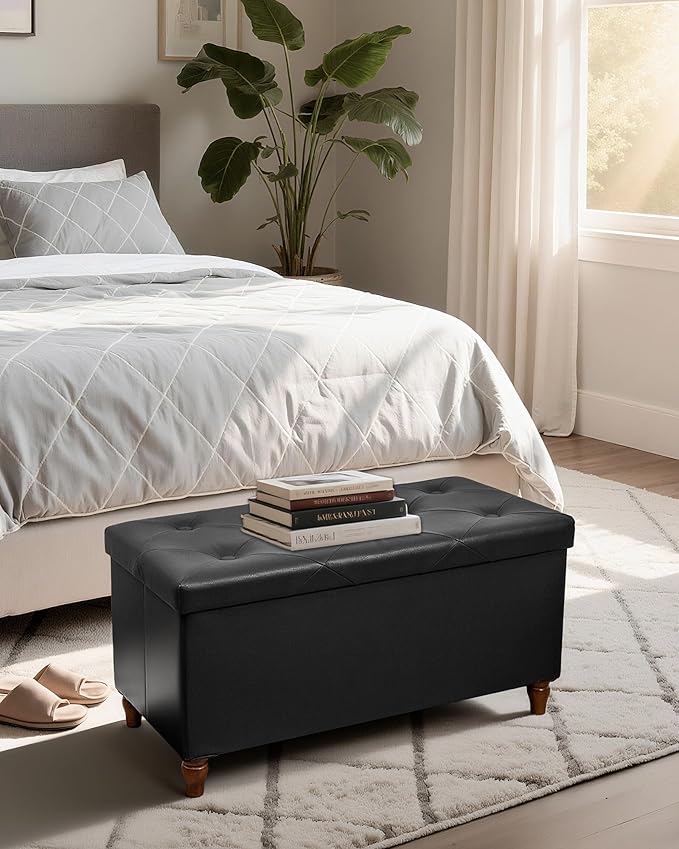 GLAXYFUR 30 Inches Storage Ottoman Bench with Wooden Legs, Faux Leather Folding Ottoman Foot Rest, Storage Bench for Living Room, Hallway & Bedroom, Upgrade Large Capacity (Engineered Wood, Black)