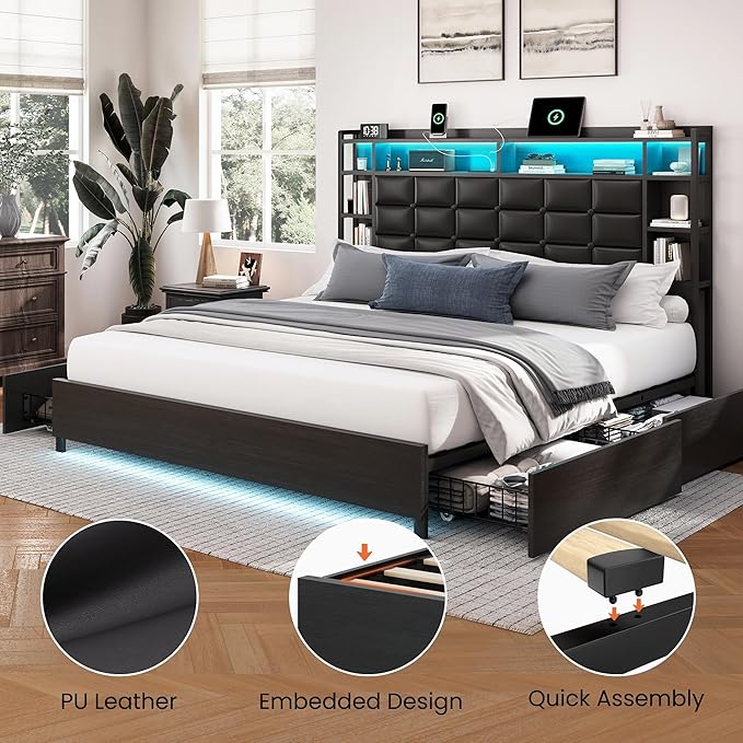 Queen Size Bed Frame with Charging Station and LED Lights Wooden Platform Bed Frame with 4 Storage Drawers and Bookcase Headboard, Faux Leather Upholstered, No Box Spring Needed, Black