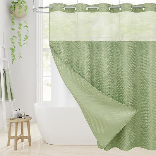 Sage Green Long Shower Curtain 72 x 80, No Hook 80 inch Long Farmhouse Fabric Shower Curtain Set with Snap-in Liner, Hotel Style Shower Curtain with See Through Top Window