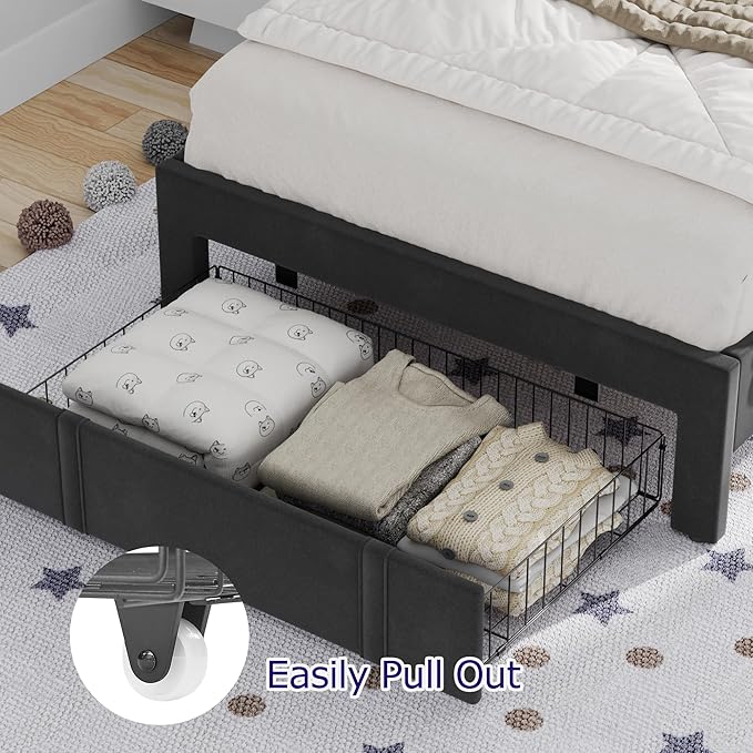 VECELO Twin Size Bed Frame with Storage Drawer, Heavy-Duty Platform Bedframe with Headboard & Strong Wooden Slats Support, No Box Spring Needed, Black