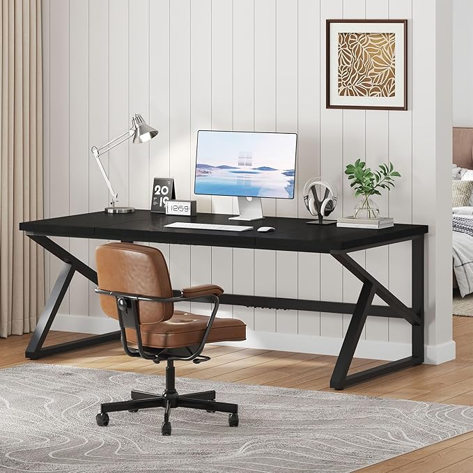 IBF Long Black Computer Desk, Large Executive Office Desk for 2 People Work Writing Study, 70 Inch Industrial Metal Wood Dual Monitor Desk Workstation, Modern Simple Double PC Gaming Table in Bedroom