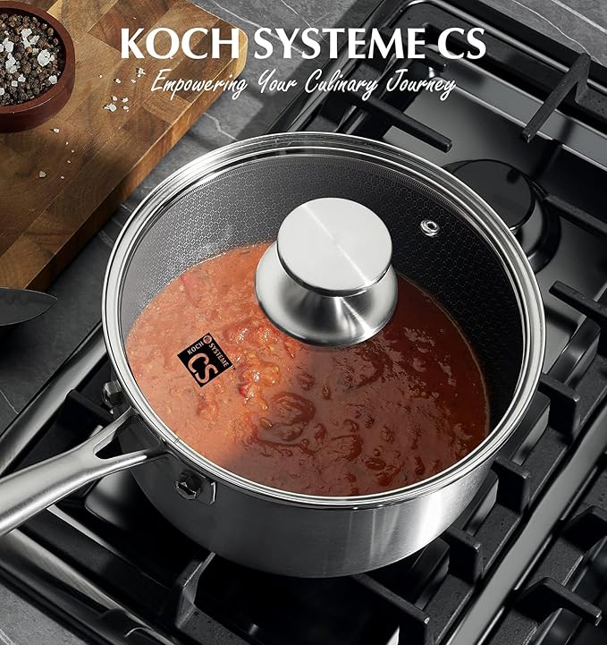 KOCH SYSTEME CS Hybrid Nonstick Stainless Steel Saucepan, 2 Quart Tri-Ply Stainless Steel Sauce Pan with Nonstick Honeycomb Interior, Hybrid Sauce Pan with Lid, Small Steel Pot, Induction Compatible