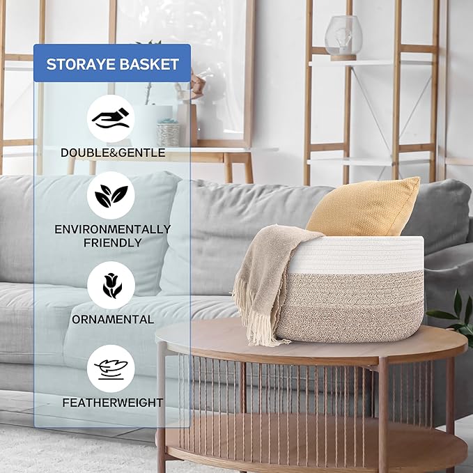 4 Pack Woven Storage Baskets for Organizing - Cotton Rope Baskets for Closet, Toys, Books, Towels, Durable Storage Bins for Shelves, Living Room, Bedroom, 14.76''Lx9.84''Wx8.86''H (khaki, 13")