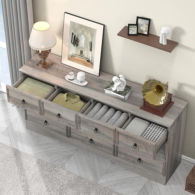 63”W Dressers for Bedroom, Grey Dresser with 10 Deep Drawer, Long Dressers & Chests of Drawers for Clothes, Easy Pulls Handle, Textured Borders, for Living Room, Hallway,Taupe Grey