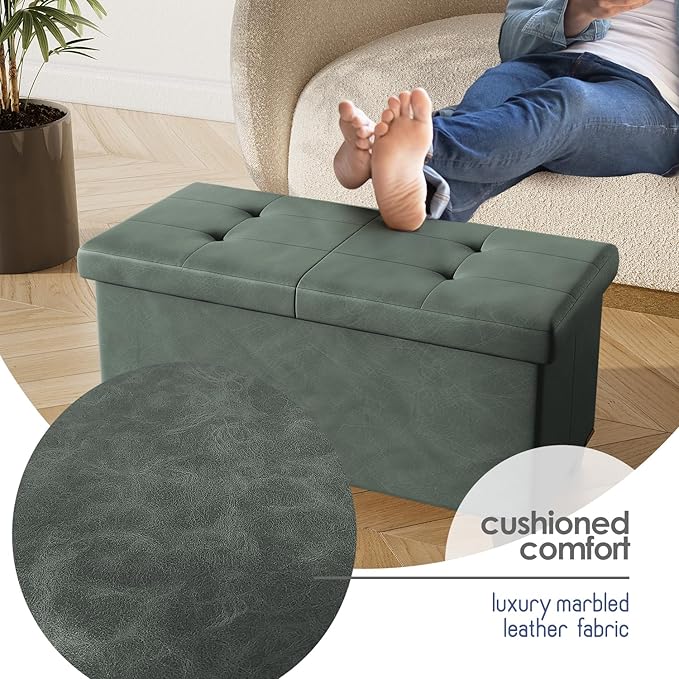 STORAGEBUD Storage Ottoman Bench with Bins, 30-in Storage Bench for Bedroom End of Bed, Folding Foot Rest Ottoman for Living Room Max 660lbs, Faux Leather Ottomans, Green