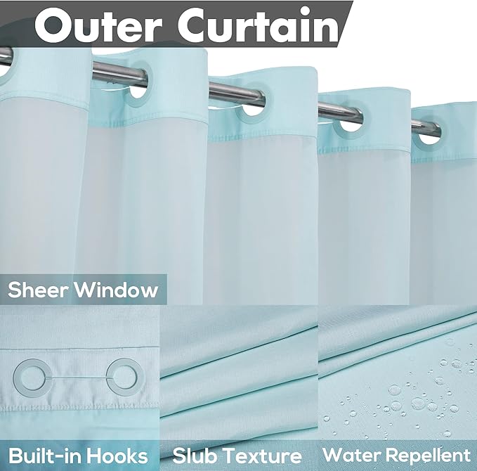 No Hook Slub Textured Shower Curtain with Snap-in PEVA Liner Set - 71" x 74"(72"), Hotel Style with See Through Top Window, Machine Washable & Water Repellent, Blue, 71x74
