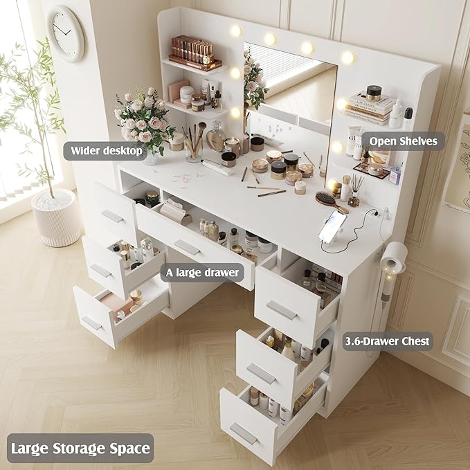 YESHOMY Vanity Desk with Mirror, Power Outlet and 10 Lights, Makeup Table with 7 Drawers, 3 Color Modes Available for Bedroom, White