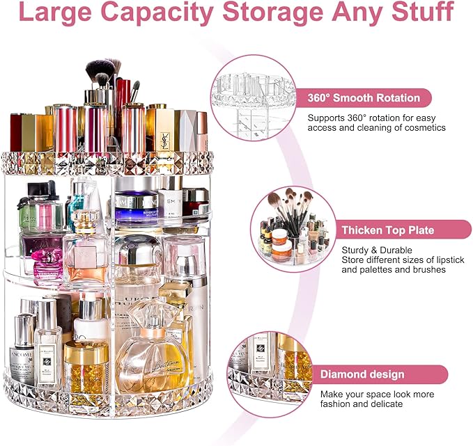 V-HANVER Makeup Organizer Combo - 360° Rotating Makeup Organizer with 7 Adjustable Layers Acrylic Skincare Organizer Large Cosmetic Display Case Clear Perfume Organizer with Makeup Palette Organizer