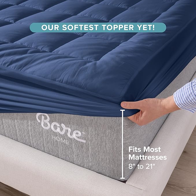 Bare Home Queen Mattress Topper Cotton Top - Plush Topper for Mattress - Fitted Mattress Cover - Cooling Breathable Air Flow - 8" to 21" Deep Pocket - Soft Mattress Pad (Queen, Dark Blue)