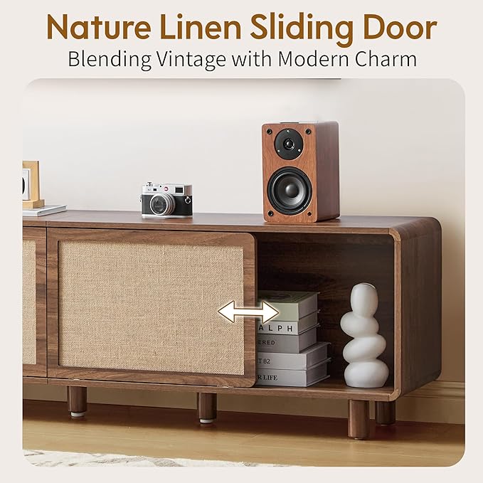 AVZEAR 70'' Mid Century Modern TV Stand for TVs up to 80 Inch, Large Entertainment Center with Storage & Nature Linen Door, Curved Edge TV Console Table Media Console for Living Room Bedroom (Walnut)