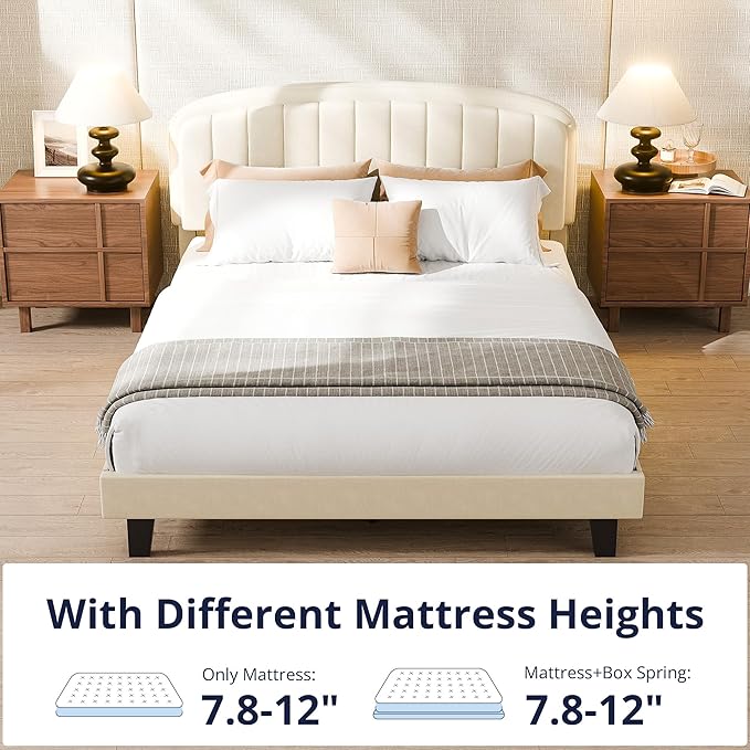 Cozy Castle Queen Bed Frame, Upholstered Platform Bed with Velvet Adjustable Curved Headboard, Mattress Foundation with Strong Wooden Slats, No Box Spring Needed, Easy Assembly, Cream