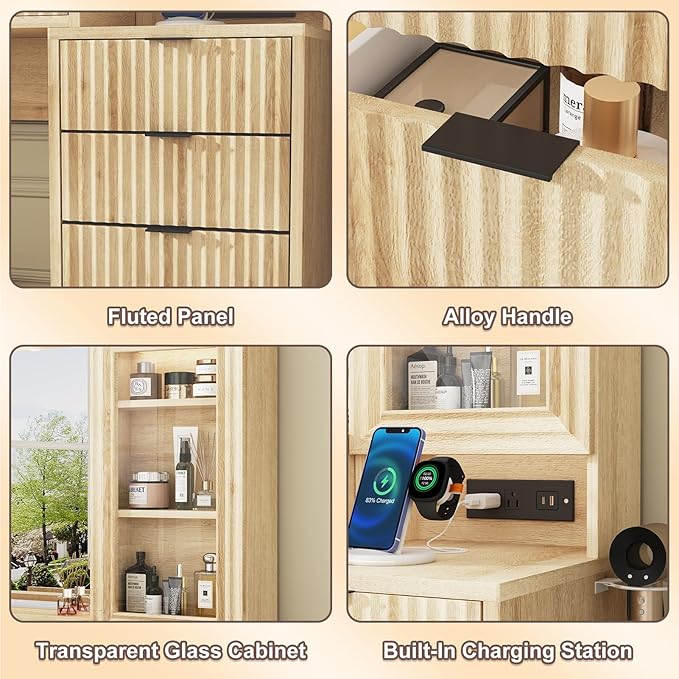 55" Fluted Makeup Vanity Desk with Large Mirror and Lights, Modern Glass Top Big Vanity Table with 9 Drawers & Open Storage Shelves, Dressing Table w/Charging Station for Bedroom, Oak