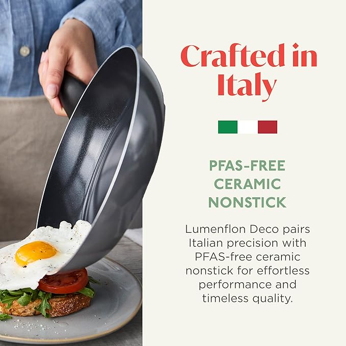 Deco 9.5” Nonstick Frying Pan Skillet, Made in Italy, Diamond Ceramic PFAS-Free, Dishwasher & Metal Utensil Safe, Durable Gloss Enamel Finish, Stay-Cool Handle, High Walls-Extra Room, Gray