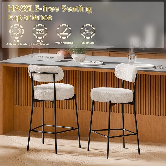 DYHOME Bar Stools Set of 4, 24 Inches Grey Boucle Barstools Counter Height Barstool with Curved Back Metal Legs, Modern Upholstered Barstools for Kitchen Island, Cafe