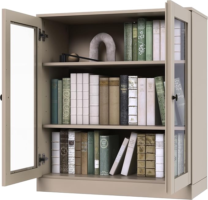 Palace Imports Solid Wood Bookcase - Floor Standing Bookshelf - 32” W - Display Furniture, Renewable 100% Eco-Friendly Wood, Made in Brazil (Beige, Clear Glass Doors | 3-Shelf Short Bookcase)