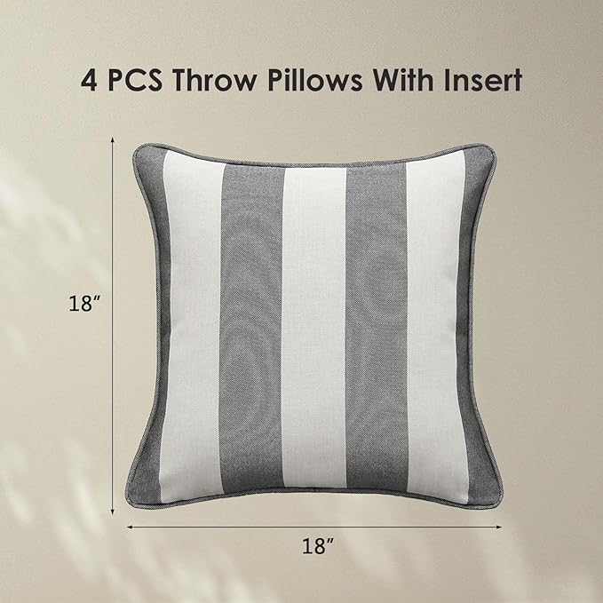 Decorative Outdoor Water Repellent Throw Pillows with Inserts, Set of 4, 18" x18" Pillows for Patio, Backyard, Bed, Couch, and Patio Furniture, Gray Stripe