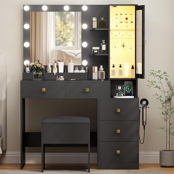 Vanity Desk with Mirror and Lights,Makeup Table with Charging Station & RGB Storage Cabinet,Large Drawer & Storage Shelves,5 Drawer,Bedroom Dressing Table, Black