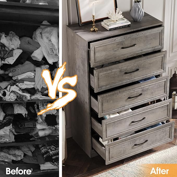 Fameill Dresser for Bedroom, 5 Drawer Tall Dresser Organizer, TV Stand for Livingroom, Chest of Drawers with Metal Handles, Ash Grey