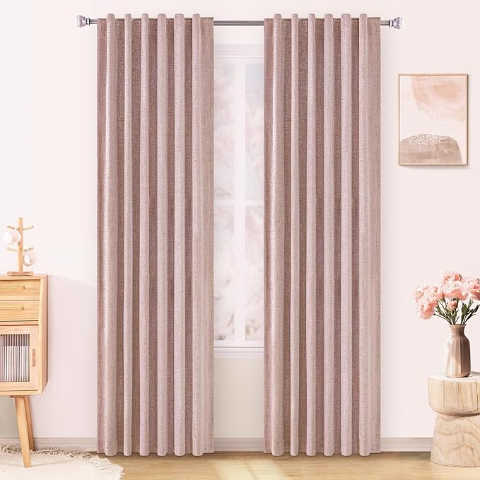 Blush Pink Linen 100% Blackout Curtains 84 Inches Long 2 Panels Set for Living Room Back Tab Thermal Insulated Black Out Linen Drapes Nursery Room Darkening Window Curtains 84 Inch Length