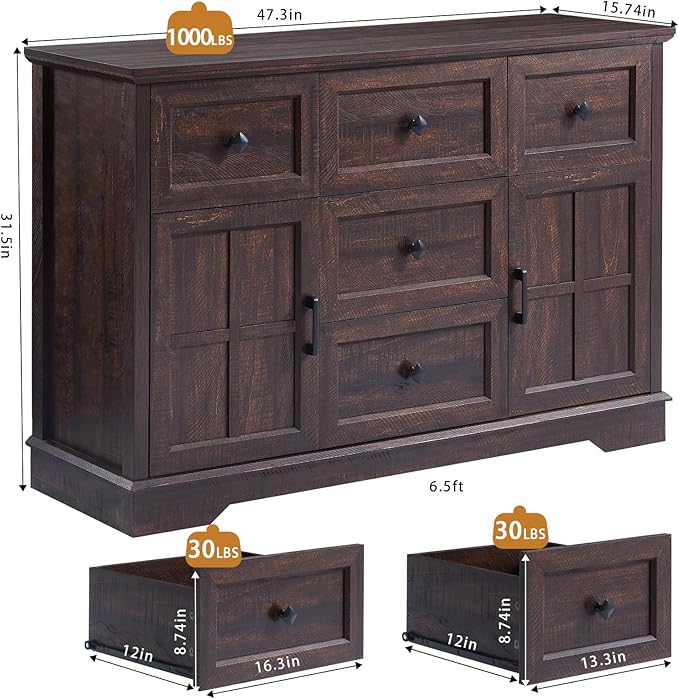 5+2 Dresser for Bedroom, Cherry Dressers Storage with Wooden Drawers and Cross Door, TV Stand Chest of Drawers for Bedroom, Living Room