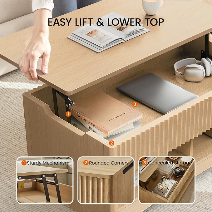Amada Coffee Table Fluted Lift Top, 35.2" Wood Table with Storage Shelf & Hidden Compartment, Modern Rectangle Center Table for Living Room, Sturdy & Multi-Functional, Holds Up to 220LBS, Natural Oak