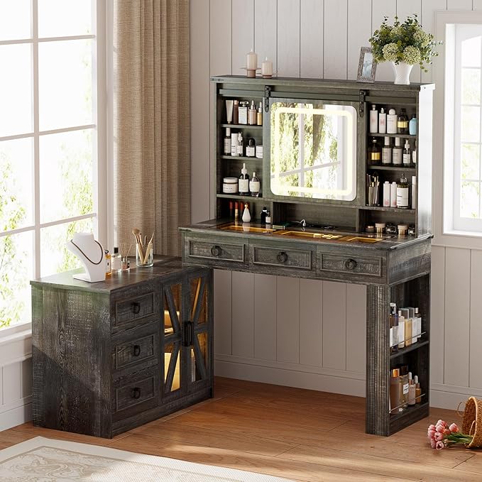 60"W Farmhouse Makeup Vanity Desk with Sliding Mirror and Lights, Charging Glass Top Large Vanity Table with Jewelry Storage,Vanity Set with 6 Drawers,10 Shelves,Side Storage Cabinet,Rustic Brown