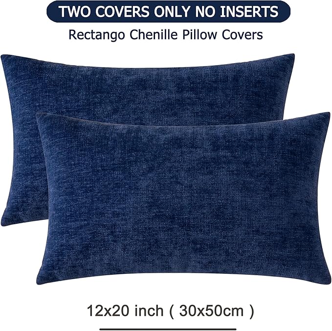 GAWAMAY Lumbar Support Pillow Decorative Rectangle Throw Pillow Covers 12"x20" Inch Set of 2, Soft Chenille Pillowcase for Living Room Bedroom Sofa Couch Cushion Cover Navy Blue 30x50cm (ONLY Covers)