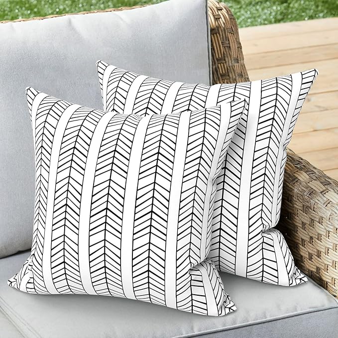 Outdoor/Indoor Throw Pillow Covers Set of 2, All Weather Square Pillow Cases 16x16 Inch, Patio Cushion Pillow of Home Furniture Use, HerringboneWhite