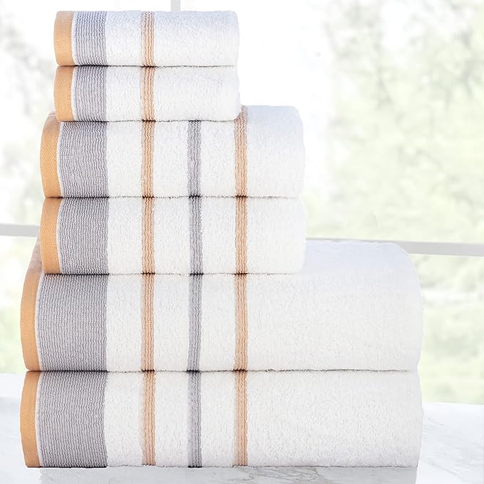 CASA COPENHAGEN White Bay, 6 Pieces Towel Set- White with Beige and Grey Border, 600 GSM, 2Bath, 2Hand, 2Washcloths Egyptian Cotton Towel for Hotel Spa Kitchen Bathroom Kitchen & Shower
