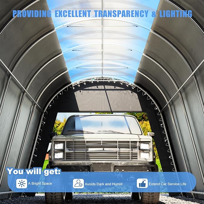 Carport 12x20 ft Heavy Duty w/Translucent Roof, All-Season Waterproof UV Protected Outdoor Car Ports w/Reinforced Metal Frame Ventilated Doors,Portable Garage Car Shelter for Boat Truck Yacht