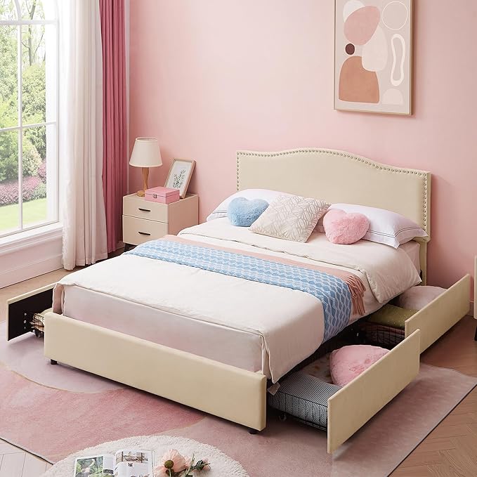 VECELO Full Bed Frame, Platform Bed Frame with Underbed Storage Drawers and Adjustable Height Upholstered Headboard, Heavy-Duty Frame and Strong Wooden Slats Support, Noise-Free, Easy Assembly, Beige