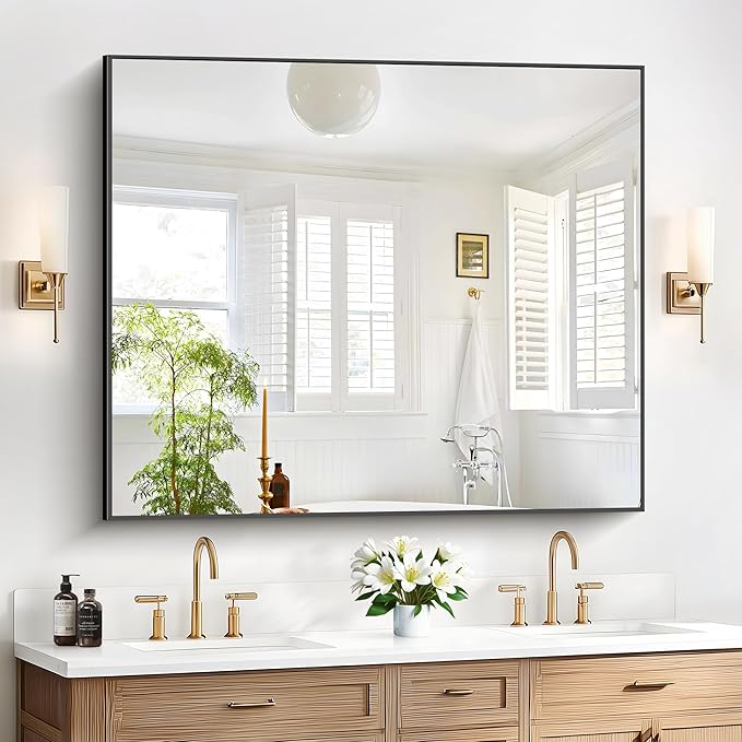 40x48inch Black Bathroom Mirror, Black Rectangle Mirror with Frame, Large Rectangular Wall Mirrors for Bathroom, Living Room, Hair Salon, Big Farmhouse Mirror Hang Horizontal/Vertical
