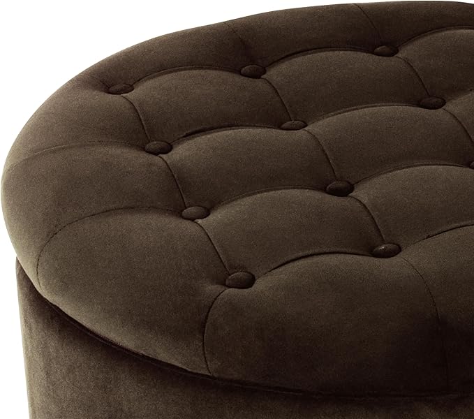 HomePop Home Decor | Button Tufted Velvet Round Storage Ottoman | Ottoman with Storage for Living Room & Bedroom, Chocolate Brown Velvet