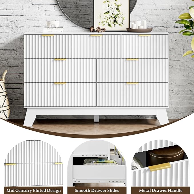 Fluted Dresser for Bedroom with 7 Drawer, Mid Century Modern Chest of Drawers, 48" Wide Natural Wood Dresser for Closet, Wooden Boho Chest Closet Storage TV Stand for Bedroom, White